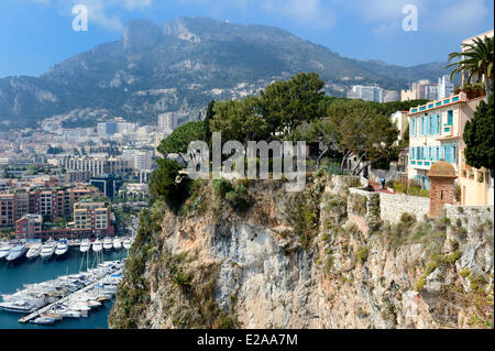 Principauté de Monaco, Monaco, le rocher sur la droite et le Port de Fontvieille Banque D'Images