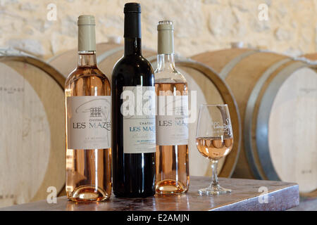 La France, l'Hérault, Saint Aunes, Château les Mazes domaine, composition de bouteilles de vin rouge et rose dans une cave avec dégustation Banque D'Images