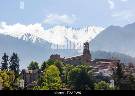 France, Pyrénées Orientales, Vernet les Bains, l'Eglise avant le Canigou Banque D'Images