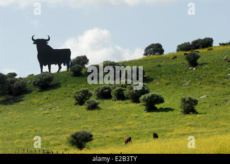 Espagne, Andalousie, silhouette marque bull géant Osborne dans un champ Banque D'Images