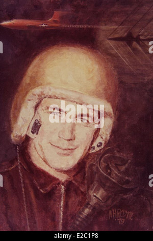 Charles « Chuck » Yeager était un pilote pionnier de l’US Air Force, surtout connu pour avoir été le premier à franchir le mur du son en 1947. Ses contributions à l'aviation sont célébrées au San Diego Air and Space Museum, mettant en valeur son héritage dans l'aéronautique et l'innovation en vol. Banque D'Images