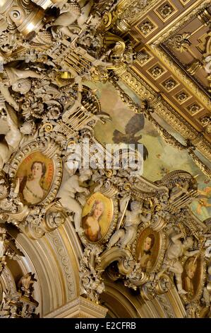 France, Paris, l'Opéra Garnier, détail du plafond et la petite terrasse de l'entrée de la Danse Banque D'Images