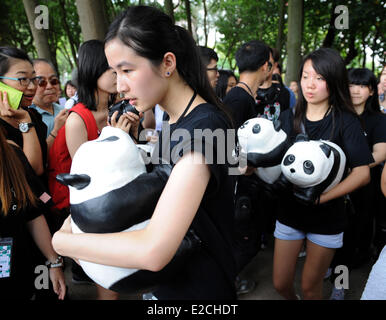 Hong Kong, Chine, Hong Kong. 19 Juin, 2014. Les membres du personnel de s'acquitter de pandas en papier d'une exposition au Victoria Park, Chine du Sud, Hong Kong, le 19 juin 2014. Un total de 1 600 pandas en papier ont été affichées ici le 19 juin, qui étaient l'œuvre de l'artiste française Paulo Grangeon. Credit : Lo Fai Ping/Xinhua/Alamy Live News Banque D'Images