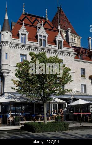 La Suisse, Canton de Vaud, Lausanne, Ouchy district sur le Lac Léman, le château d'Ouchy sur le Vieux Port Banque D'Images