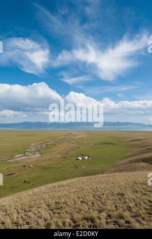 Province de Naryn Kirghizistan yourtes et des chevaux sur les pâturages de montagne à Song-Kol lake state réserve zoologique Banque D'Images