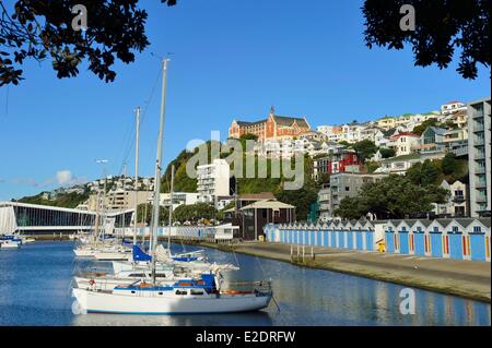 New Zealand North Island Port Lambton Wellington Oriental Bay Clyde Quay Marina Boat Harbour et voile cabanes et St Gerard's Banque D'Images