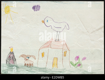 Dessin d'enfant d'origine d'un oiseau à la maison et un chien et une princesse dessiné par une fillette de 5 ans. Banque D'Images