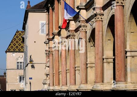 France Haute Saone Gray mairie du 15e siècle, des colonnes de marbre rose de sampans statue du peintre F. Desvoge par Banque D'Images