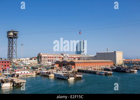 Espagne, Catalogne, Barcelone, la Barceloneta, Port Vell et bâtiments maritimes Banque D'Images