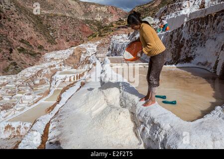 Le Pérou, Cuzco Province, Vallée Sacrée des Incas, Salinas de Maras, sel l'exploitation minière dans les Andes Banque D'Images