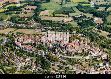 La France, Tarn, Cordes sur Ciel, le village perché sur le Puech de Mordagne (vue aérienne) Banque D'Images