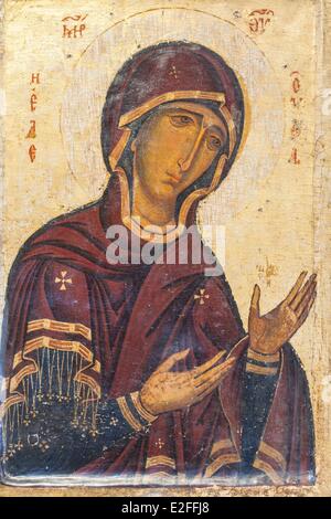 Chypre, monastère d'Agios Neofytos (Ayios Neophytos), musée, l'icône du 12ème siècle représentant la Vierge Marie Banque D'Images