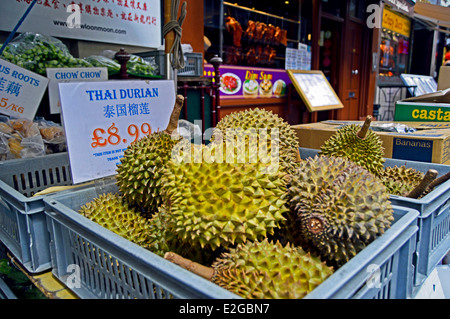 Affichage de Durian Thaï en vente, Chinatown, West End, City of Westminster, London, England, United Kingdom Banque D'Images