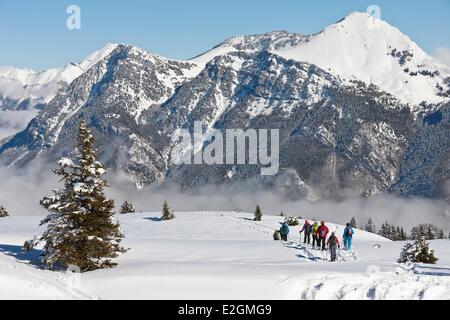 France Savoie Parc Naturel Régional du Massif des Bauges (Parc Naturel Régional du Massif des Bauges) Domaine des Aillons Margeriaz pratiquant groupe raquette Banque D'Images