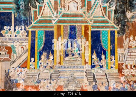 Cambodge Phnom Penh Palais Royal de la Pagode d'argent fresques illustrant des scènes du Ramayana Banque D'Images