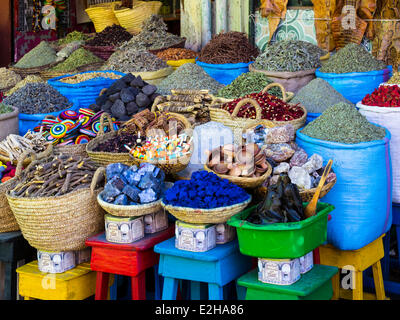 Les épices sont en vente dans des paniers, Souk, Souk Rue historique Soufiane, Medina, Marrakech, Marrakech-Tensift-El Haouz, Maroc Banque D'Images