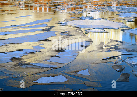 Sunlit banquise à la dérive sur la rivière en hiver Banque D'Images