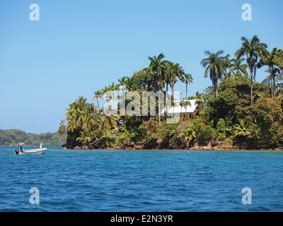 Maison avec belle végétation tropicale sur une île dans la mer des Caraïbes, Bocas del Toro, PANAMA Banque D'Images