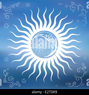 Vintage Sky, le soleil, la lune, les nuages, les étoiles. Banque D'Images