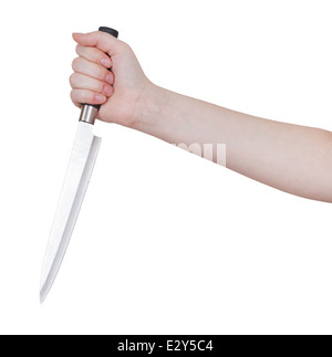 La main avec grand couteau de cuisine isolé sur fond blanc Banque D'Images