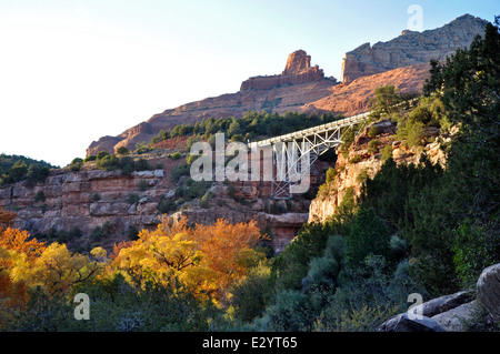 Midgley Bridge, situé dans la forêt nationale de Coconino, enjambe Oak Creek Canyon et offre un accès à la piste Huckaby Trail, offrant une vue imprenable sur la géologie du canyon et la diversité de la flore et de la faune. Banque D'Images