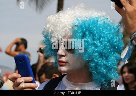 Du monde de la FIFA, Brésil 2014. Ventilateur d'Argentine à la plage de Copacabana, pour regarder le match contre l'Iran, joué à Belo Horizonte. Rio de Janeiro, Brésil, 21 juin, 2014. Banque D'Images