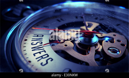 Réponses sur visage montre de poche. Concept de temps. Banque D'Images