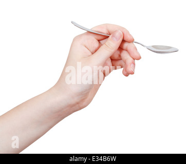 Cuillère à café vide dans la main isolé sur fond blanc Banque D'Images