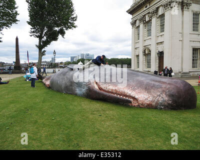 Greenwich et les Docklands International Festival 2013 à Greenwich. Une baleine échouée sur une installation artistique par le capitaine 'Boomer' un collectif d'artistes belges se trouve sur les pelouses à l'Old Royal Naval College. 17 mètres de long de la baleine en fibre de verre a pour objet d'attirer l'attent Banque D'Images