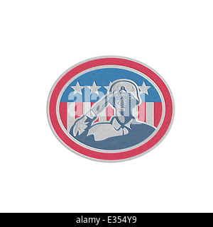 Illustration de style métallique un soldat afro-américaine avec un salut militaire USA stars and stripes flag en arrière-plan défini à l'intérieur fait en ovale style rétro. Banque D'Images