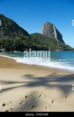 L'affichage classique de Sugarloaf Mountain de Pao de Acucar Rio de Janeiro au Brésil, du Praia Vermelha Plage Rouge à Urca avec ombre de palm Banque D'Images