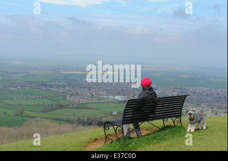 Femme Walker avec un chien Schnauzer miniature Assis sur un banc Surplombant Cheltenham et les Cotswolds, Gloucestershire, Angleterre, Royaume-Uni Banque D'Images