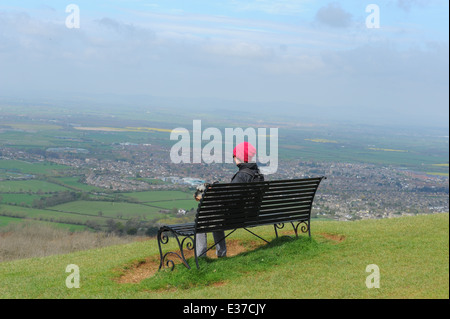 Femme Walker avec un chien Schnauzer miniature Assis sur un banc Surplombant Cheltenham et les Cotswolds, Gloucestershire, Angleterre, Royaume-Uni Banque D'Images