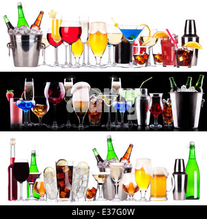 Ensemble de différentes boissons alcoolisées et cocktails - bière, martini,soda,champagne,whiskey,vin,cocktail,cola Banque D'Images