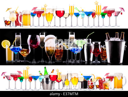 Ensemble de différentes boissons alcoolisées et cocktails - bière, martini,soda,champagne,whiskey,vin,cocktail,cola Banque D'Images