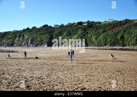 Jouer au cricket sur la plage de Bantham de South Hams, Devon, UK Banque D'Images