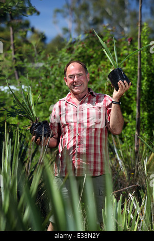 Terry Knight avec certains de ses plantes cultivées dans l'agave bleu Golden Bay, Nouvelle-Zélande, pour produire une tequila-comme esprit, Te kiwi Banque D'Images