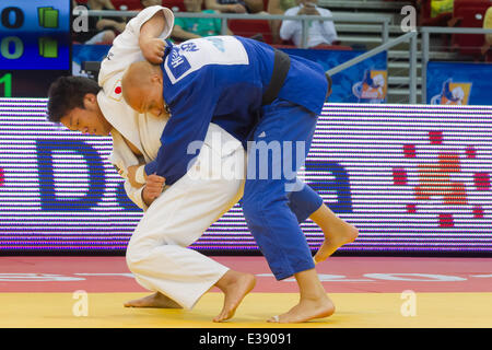 Budapest, Hongrie. 22 Juin, 2014. Henk Grol (R) des Pays-Bas se bat contre Ryunosuke Haga japonaise au cours de la Men's -100 kg finale de l'IJF Grand Prix de Judo de Budapest à Budapest, Hongrie, le 22 juin 2014. Henk Grol a remporté l'or en battant Ryunosuke Haga. Credit : Attila Volgyi/Xinhua/Alamy Live News Banque D'Images