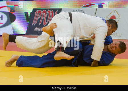 Budapest, Hongrie. 22 Juin, 2014. Adam Okrouachvili (haut) de la Géorgie se bat contre Marius Paskevicius de Lituanie au cours de la finale du 100 kg de l'IJF Grand Prix de Judo de Budapest à Budapest, Hongrie, le 22 juin 2014. Adam Okrouachvili a remporté l'or en battant Marius Paskevicius. Credit : Attila Volgyi/Xinhua/Alamy Live News Banque D'Images