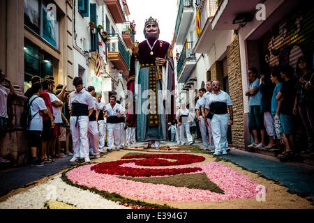 Sitges, Espagne. 22 juin 2014 : Le géant des danses sur l'un des tapis de fleurs sur le Corpus Christi dans les rues de Sitges Crédit : matthi/Alamy Live News Banque D'Images