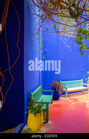 Un coin coloré dans les magnifiques jardins Majorelle restauré avec soin par Yves Saint-Laurent à Marrakech, Maroc, Afrique du Nord Banque D'Images