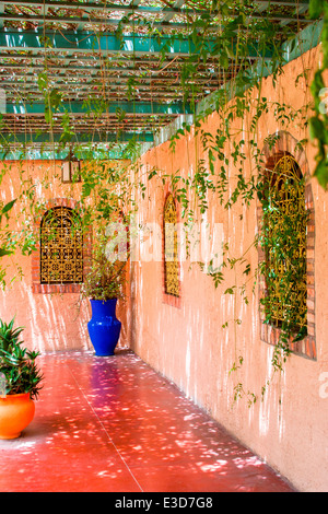 Un coin ombragé dans les magnifiques jardins Majorelle restauré avec soin par Yves Saint-Laurent à Marrakech, Maroc, Afrique du Nord. Banque D'Images