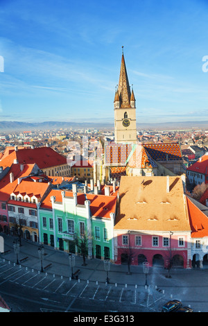 La tour d'escalier et de la vieille ville de Sibiu, Roumanie Banque D'Images