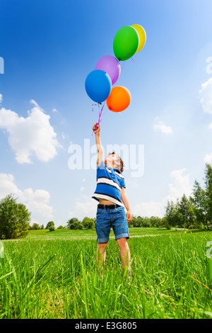 Petit garçon avec des ballons colorés en vert prairie Banque D'Images