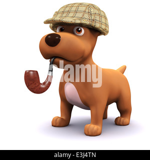 3D render of a dog fume la pipe et porte un chapeau deerstalker Banque D'Images