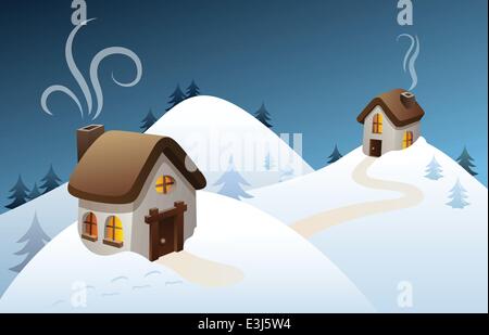 Scène d'hiver de neige dans la campagne, avec des maisons à l'ancienne Illustration de Vecteur