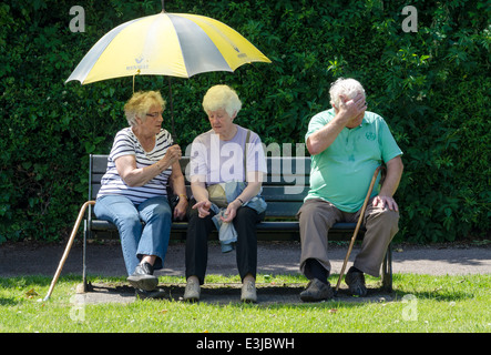 Trois amis assis sur un banc Banque D'Images