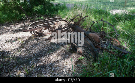 Old farm equipment rouillent dans forêt, Finlande Banque D'Images