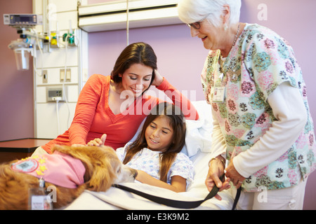 Jeune fille d'être visité à l'hôpital par chien de thérapie Banque D'Images