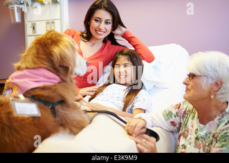 Jeune fille d'être visité à l'hôpital par chien de thérapie Banque D'Images